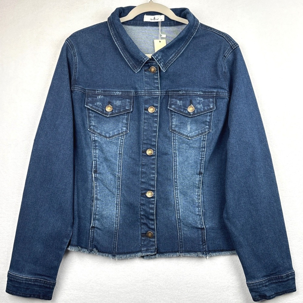 Agnes Orinda Denim Jacket Womens 2X Raw Hem Distressed Stretch Trucker NWT